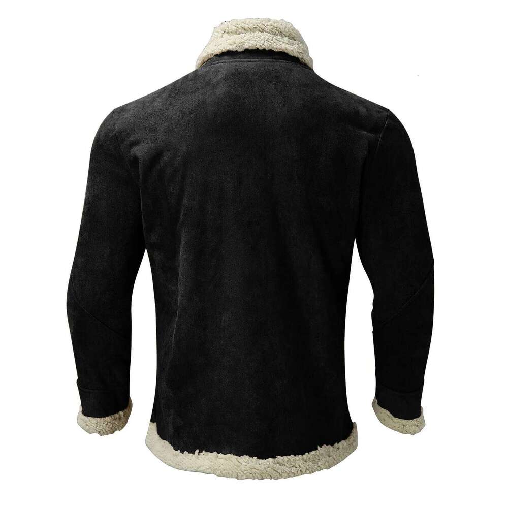 Men's Casual Plush Solid Color Zipper Wool Warm Long Sleeve Turn-down Collar Coat Jacket With Pockets Down Cotton