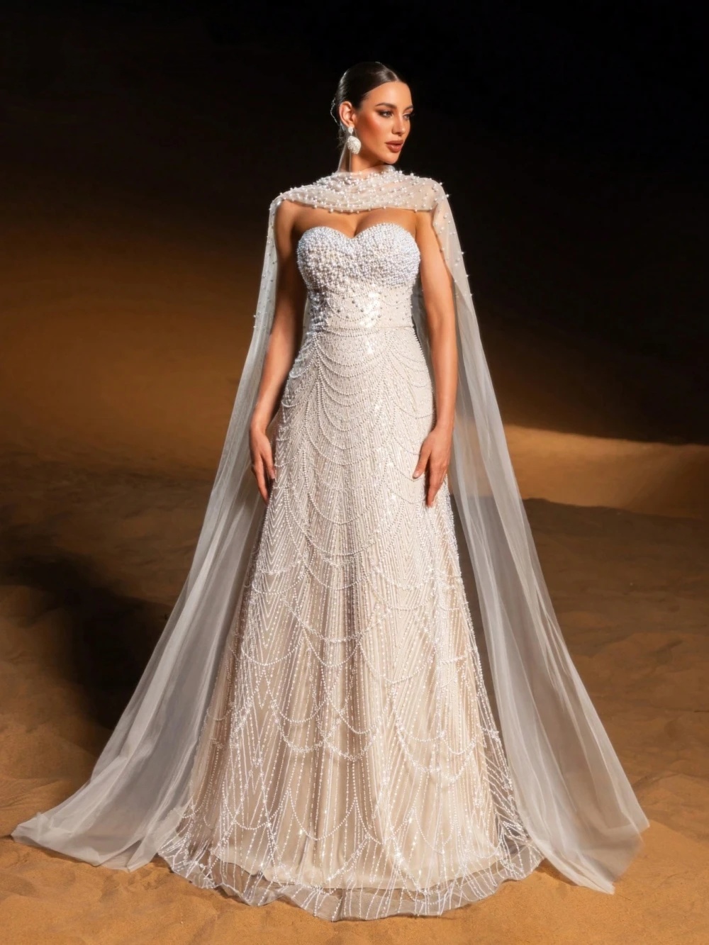 Graceful Pearls Evening Dresses Strapless Sequins Mermaid Prom Gowns with Scarf Sleeveless Princess Customized Vestidos De Noche Plus Size