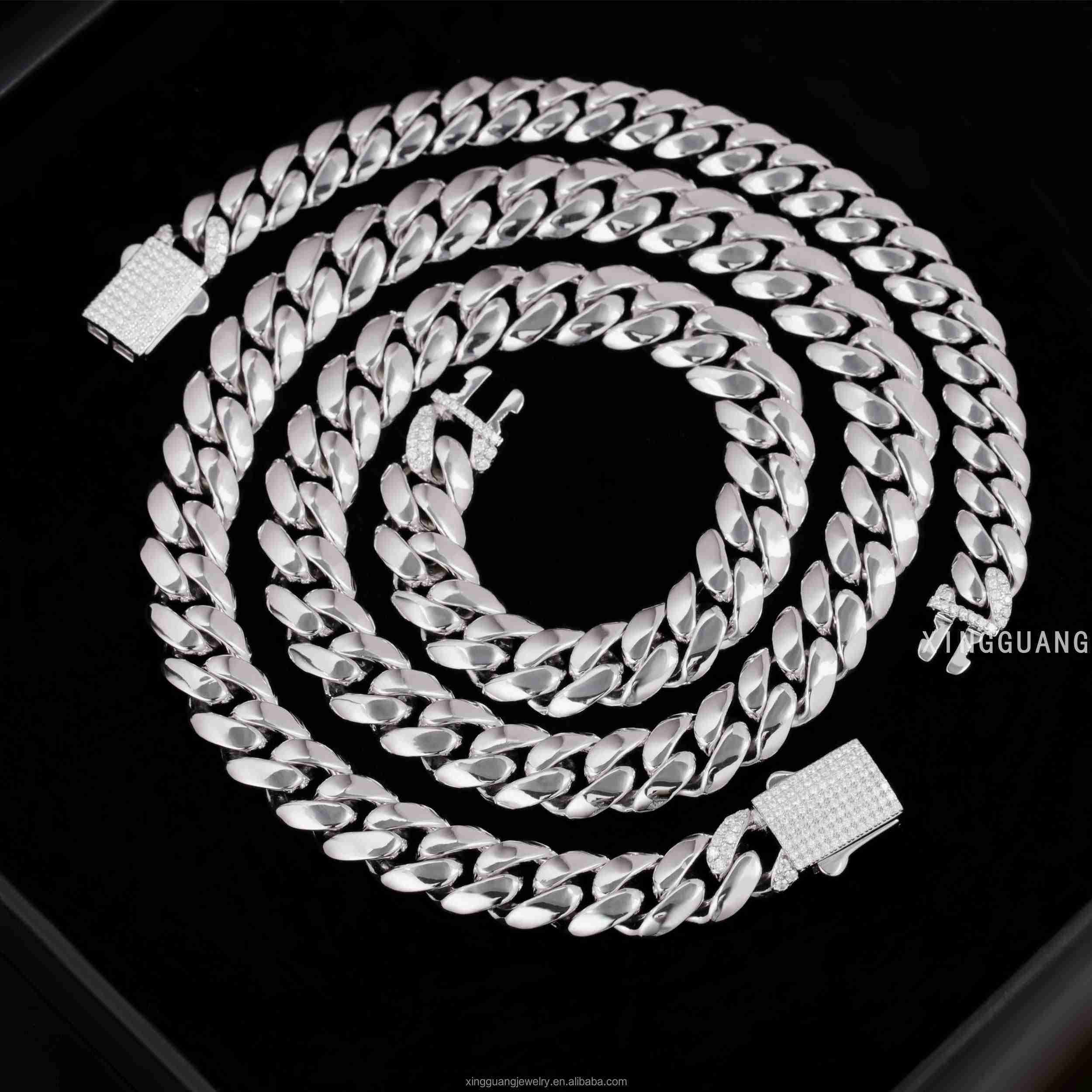 Customized Trend Polished 81013mm Solid Silver Plain Cuban Lidynamic Chain Spring Clasp VVS Moissanite Lock Cuban Chain Necklace Men Jewelry