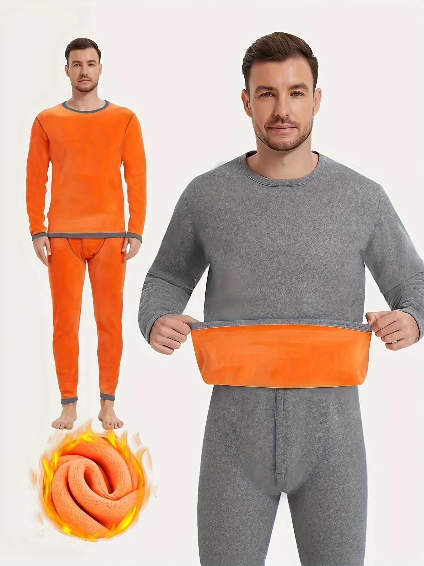 Mens Winter Fleecelined Thick Roundneck Solidcolored Thermal Set with Top and Pants for Cold Protection H251017