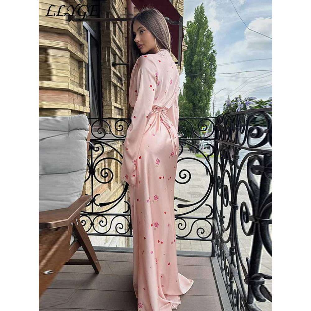 Elegant Printed Satin Long Dress Women Slim Lace Up V-neck Full Sleeve Pleat Dresses 2025 Autumn Lady Party Evening Robes New