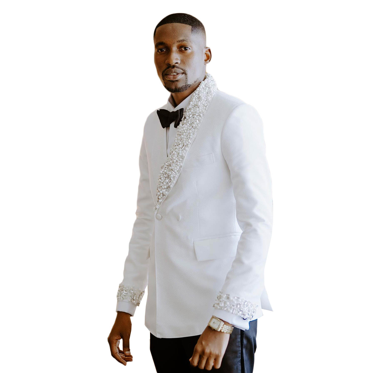 White Men Wedding Tuxedos 2 Pieces Big Pearls Beading Business Mens Pants Suits Guest Formal Wear