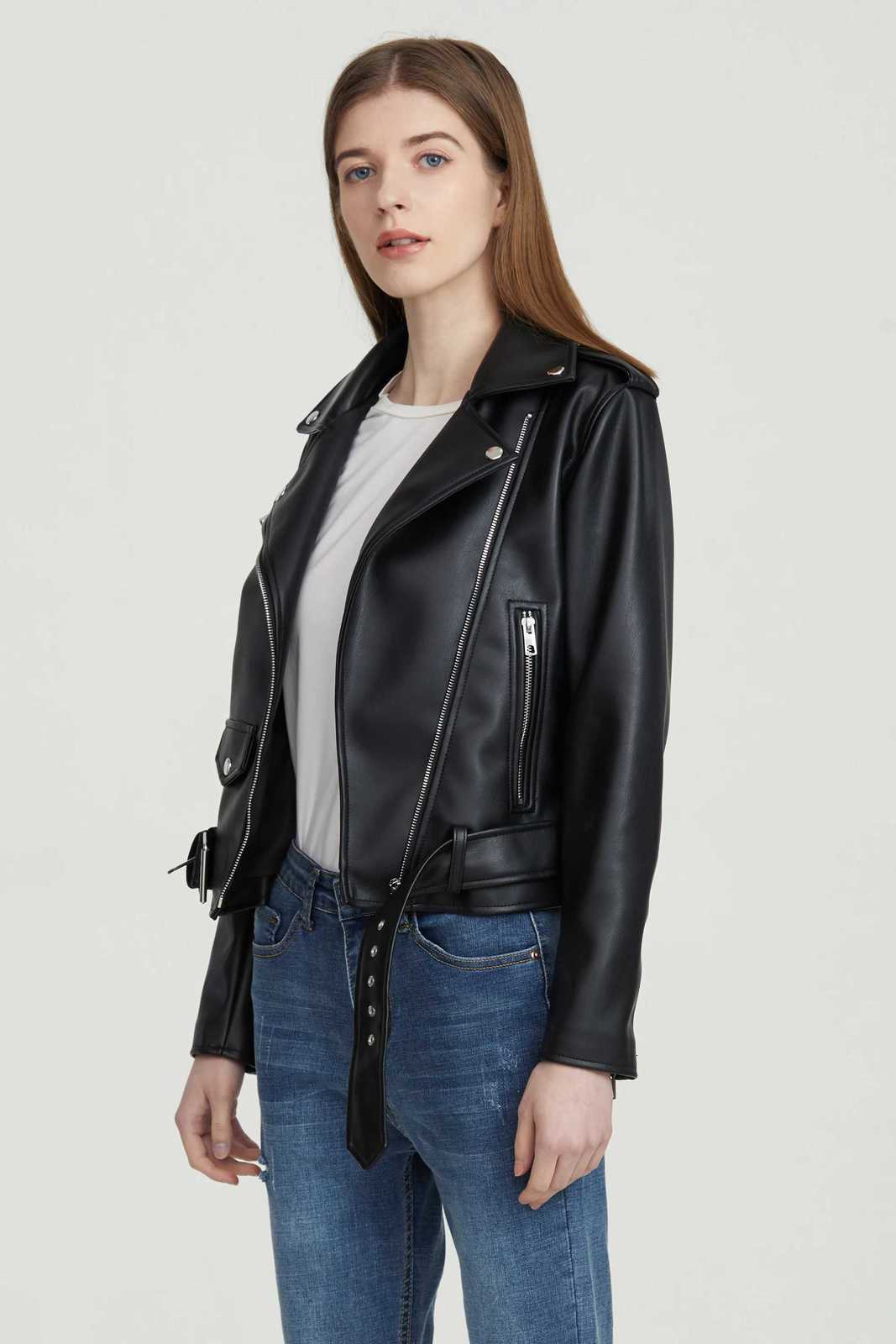 Womens Moto Biker Black Punk Coat Lady with belt Leather Jacket Faux PU Leather OuterwearT251017