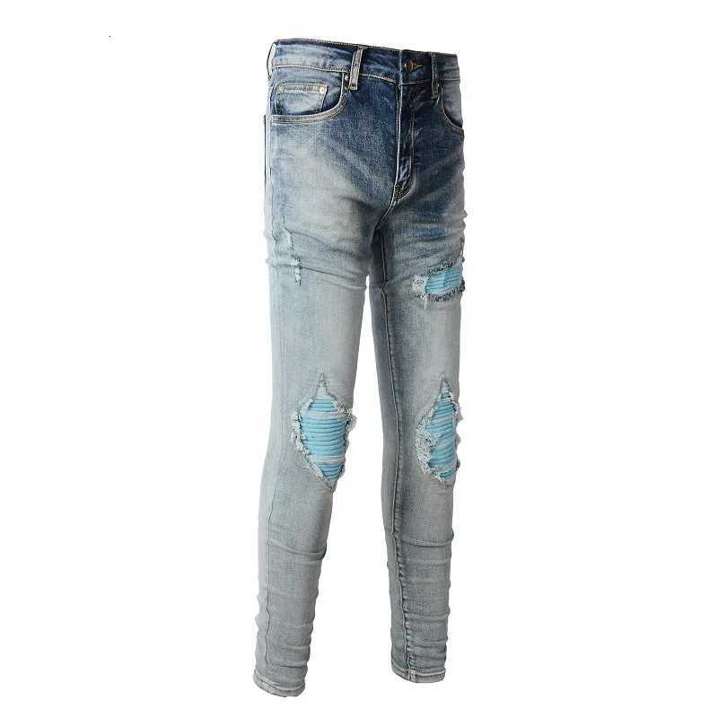 Mens Light Blue Pleated Patchwork Stretch Denim Jeans Streetwear Holes Ripped Pencil Pants Trendy Slim Skinny Trousers1 Y251105