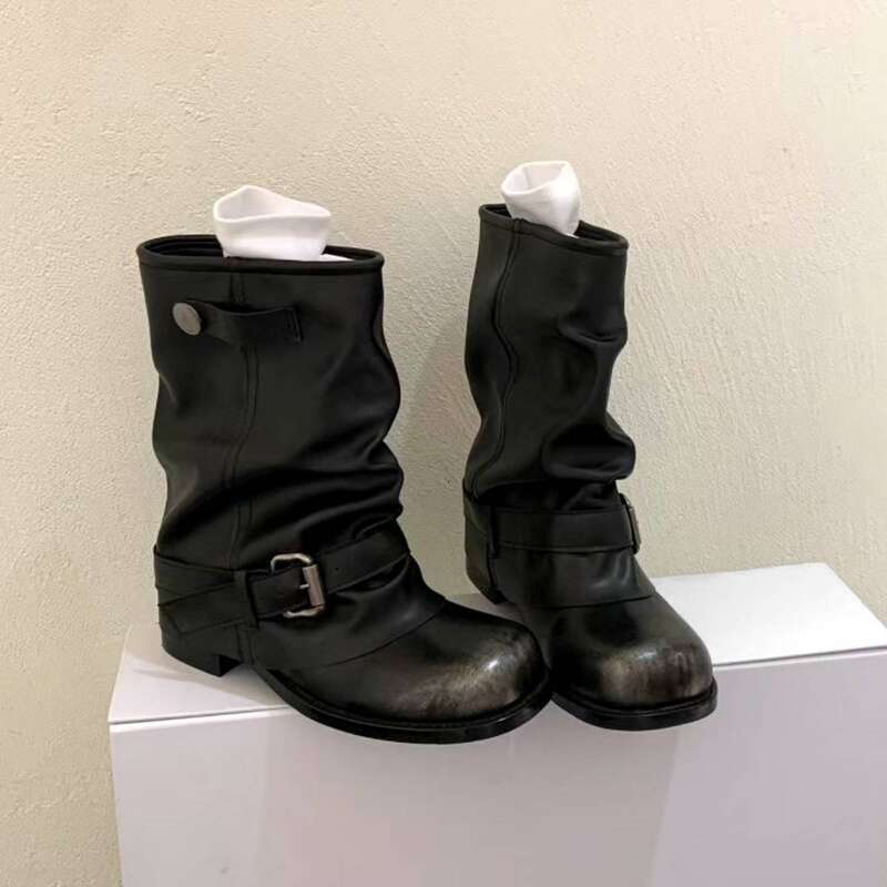 Cameido Women's Suede Leg Tube Retro Belt Buckle Pleated Stackable Mocha Western Boots