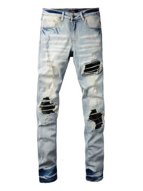 1 High Street Sle Distred Patch Slim Fit Jeans Mens Casual Faionable Straight Leg Long Pants Y251105