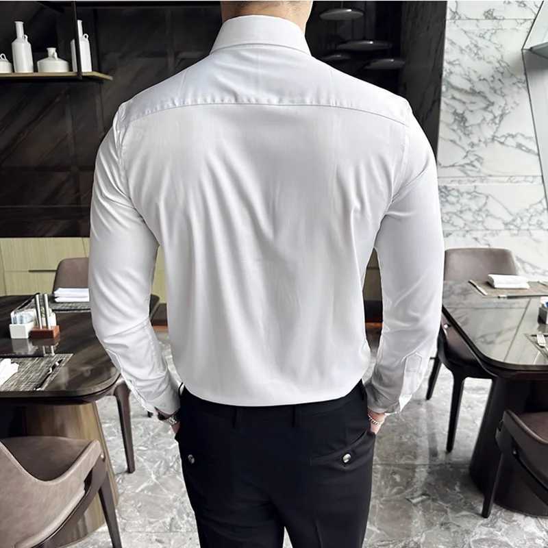 Neckline Metal Decorative Design Men Shirt Fashion Pleated Striped Long Sleeve Slim Business Social Tuxedo Shirt Mens Clothing J251017