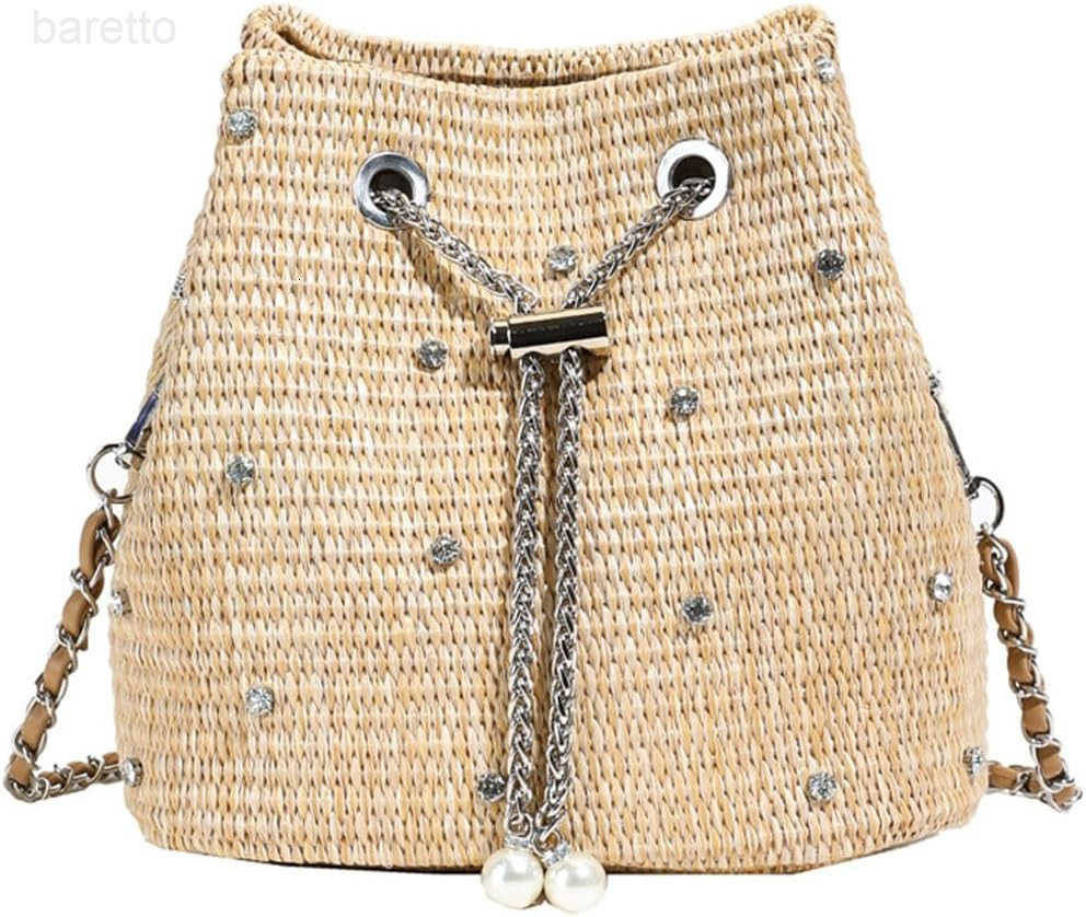 Straw Bucket Purse for Women Summer Vacation Crossbody Purses Beach Bag Beaded Rhinestone Handbag Z251017
