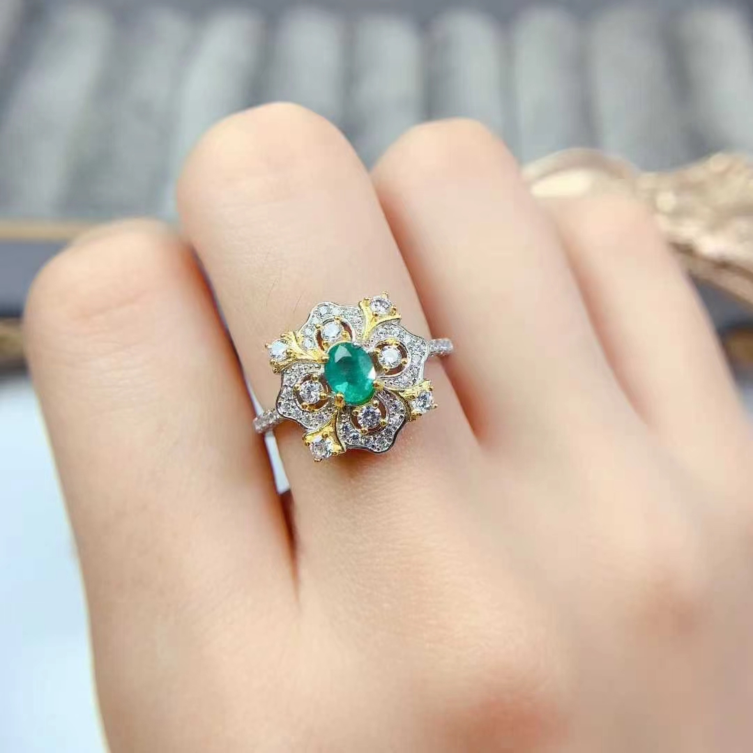 Antique look 925 silver ring natural emerald ring with certificate 4mm*6mm Colombia emerald jewelry with 18K gold plating