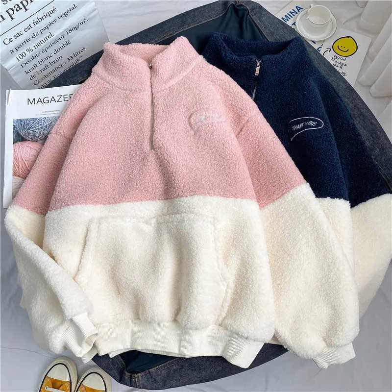 Patchwork Women Hoodies Spliced Sweatshirts Half High Collar Pullovers Long Sleeve Casual Loose Hoodies Autumn 2025 Pockets Z251017