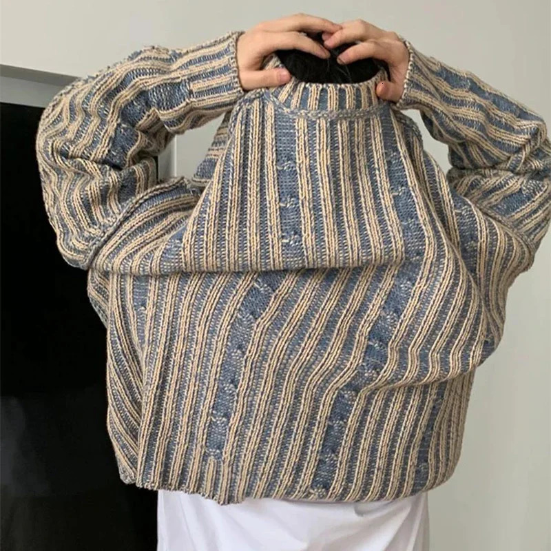 Fall Stylish Mens Knit Pullover Tops Streetwear Vintage Y2K Striped Crochet Sweater for Men Fashionable Long Sleeve Knitted Tees 251017