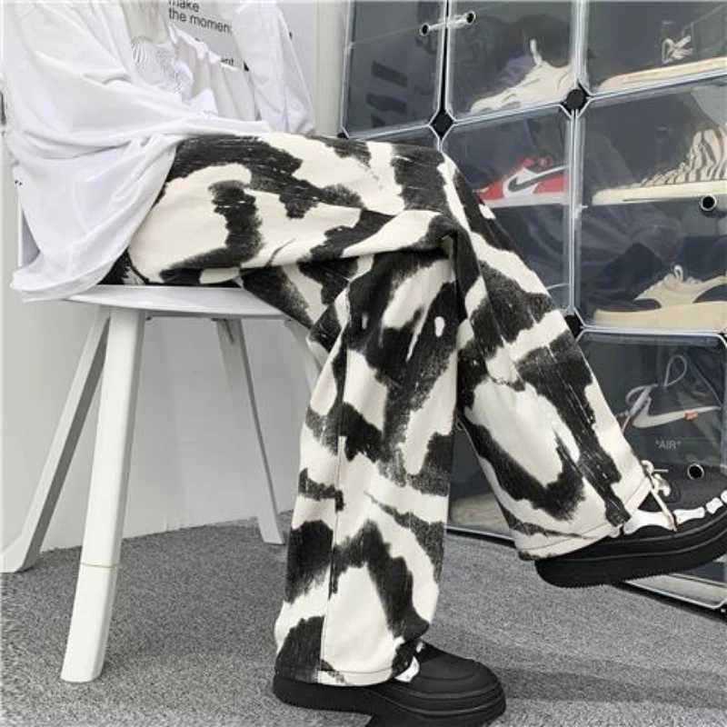 Streetwear Zebra Printed Jeans Men Straight Casual Wide Leg Oversize Denim Pants Hip Hop Animal Baggy Trousers Male J251016