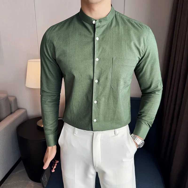 Mens Spring High Quality Long Sleeve Shirts Male Business Casual Dress Shirt Mens Standup Collar Solid Color Shirt 3XLM J251017