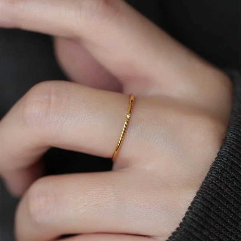 1mm Thin Stainless Steel CZ Plated Paved Tiny Zircon Stackable Ring Golden Color Wedding Band for Women Girl Ring JewelryW251017