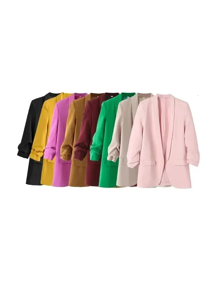 Women Fashion Office Wear Open Blazer Coat Vintage Long Pleated Sleeves Flap Pockets Female Outerwear Chic Tops 251017
