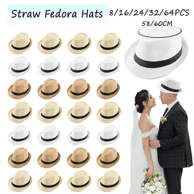 5860cm Wedding Straw Fedora Hat for Men Women Trilby Hat Short Brim Panama Hat Beach Havana Party Favors Big Head Gentleman Cap 251015