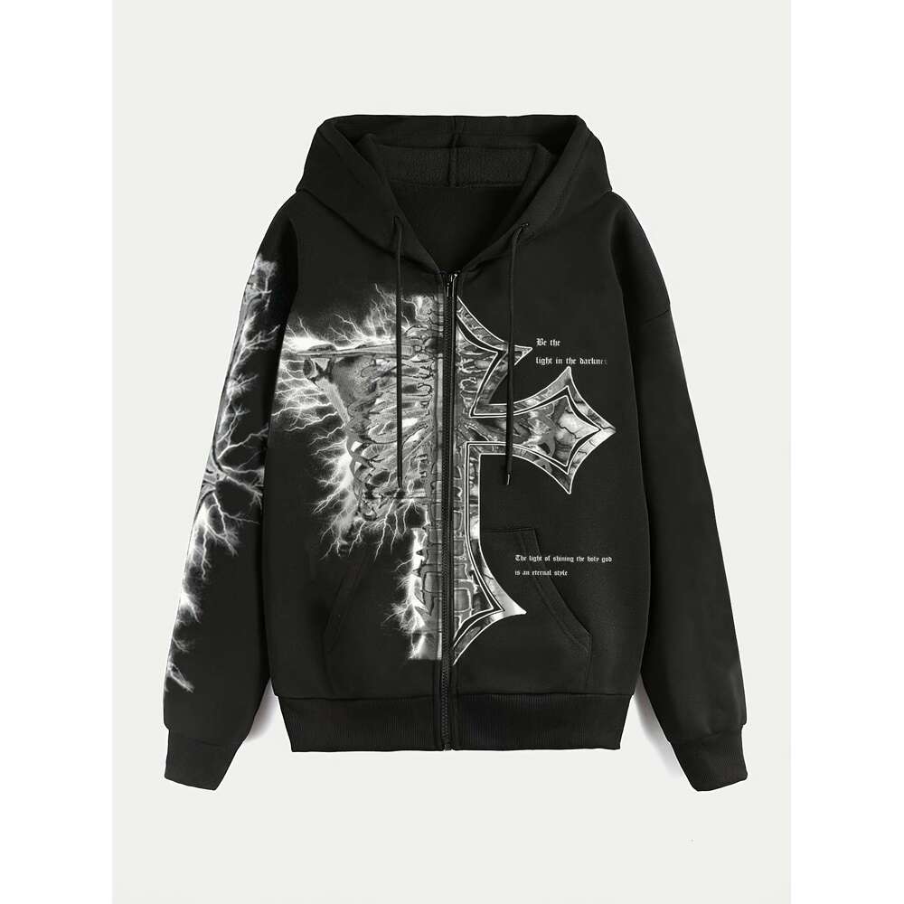 Women's Casual Black Zip-Up Hoodie With Cross & Lighing Bolt Graphic Front Zipper Closure, Hine Washable All-Season Streetwear, Streetwear Fashio
