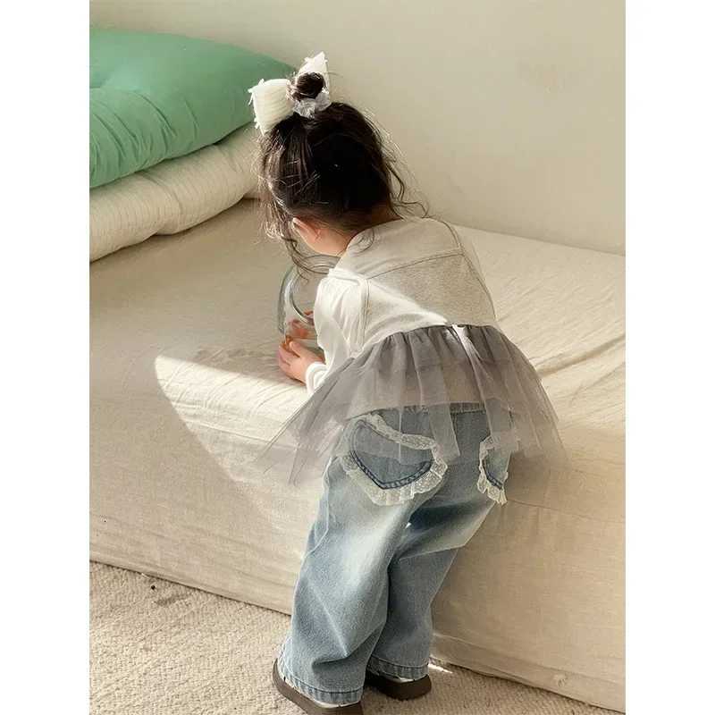 Girls Lace Straight Leg Jeans 2025 Spring Children Clothing Pants Children Korean Wide Leg Denim PantsT251017