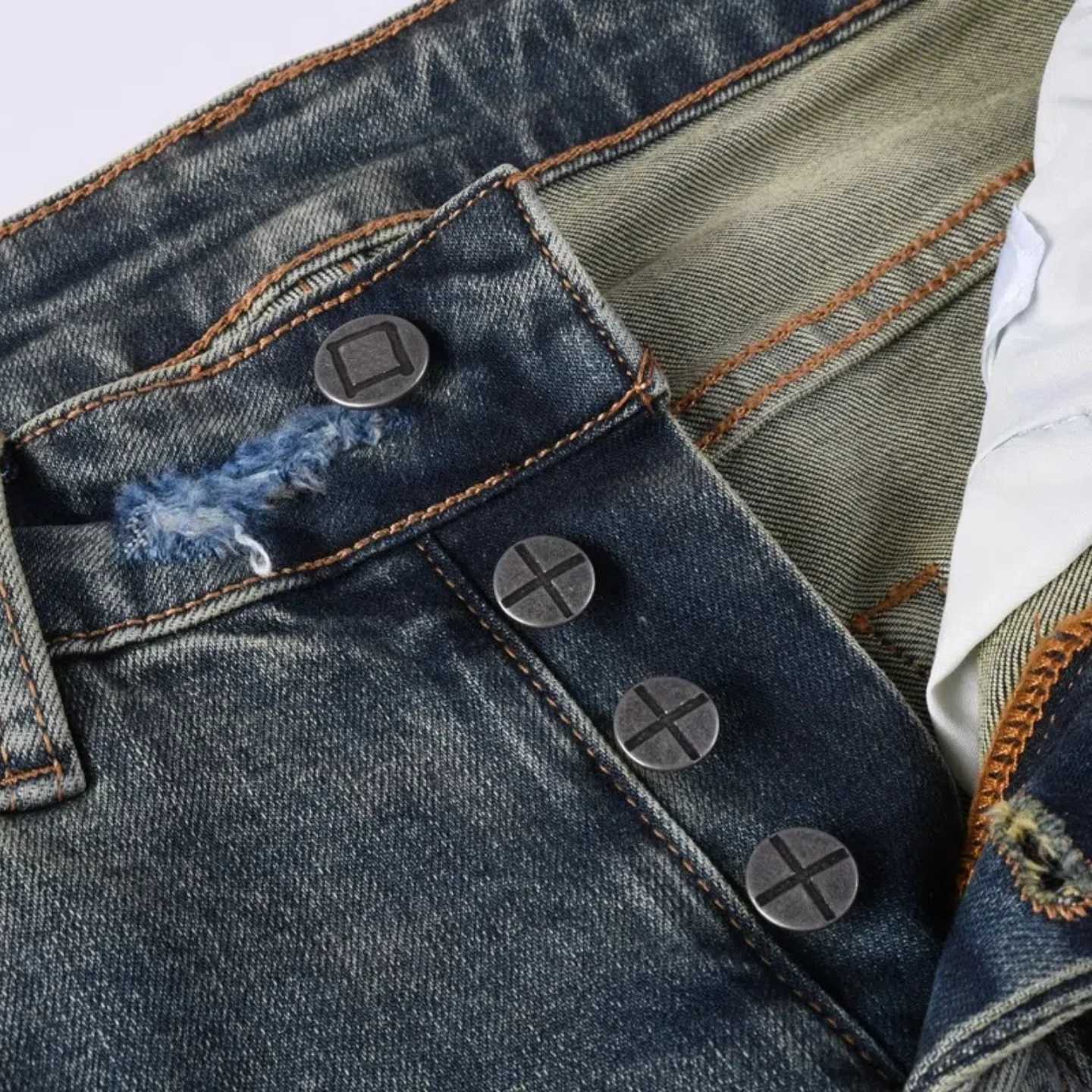 Luxurious jeans with embroidered letters brass buttons exquisite craftsmanship high street slim ripped series1 Y251105