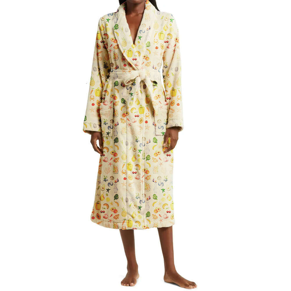 Fruit Print Autumn Winter New Thickened Lace-Up Nightgown Bathrobe Long Sleeve Loungewear B5