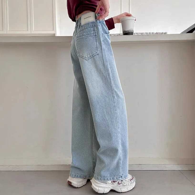 Autumn Young Teenager Girls Denim Pants Elastic Waist Youth Girls Trousers Loose Casual Pure Color Children Girls JeansT251017