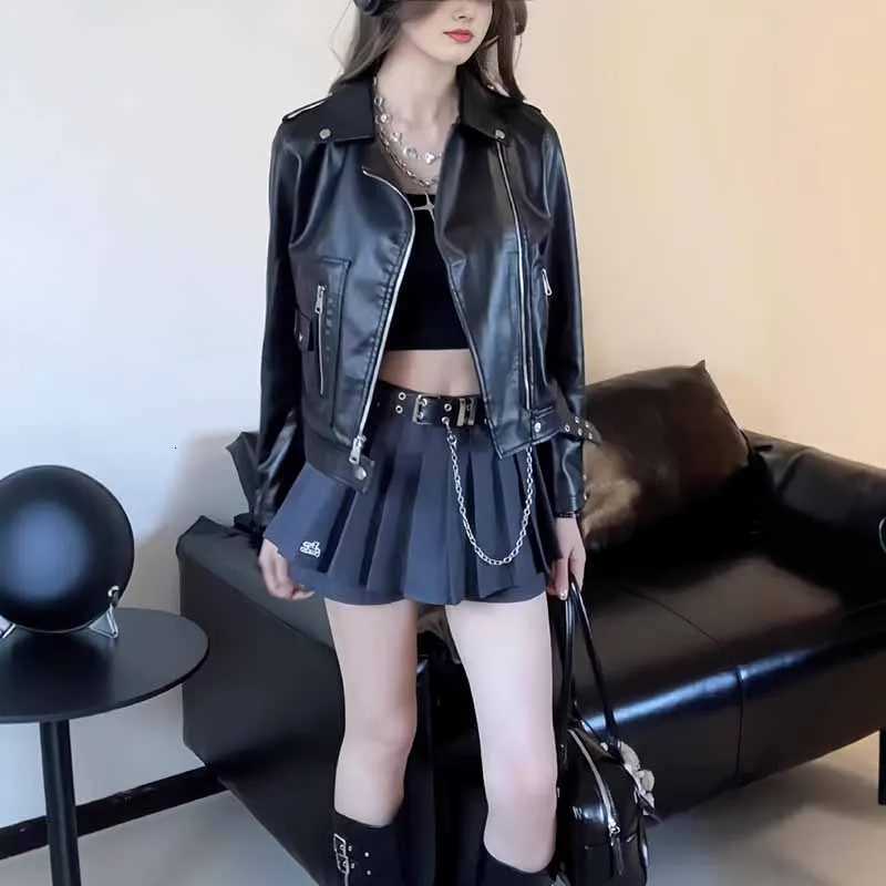 Womens Faux Pu Leather Jacket Black Gothic Punk Style Fashion Motorcycle Short Pu Jacket Fashion High Street Lapel Zipper CoatT251017
