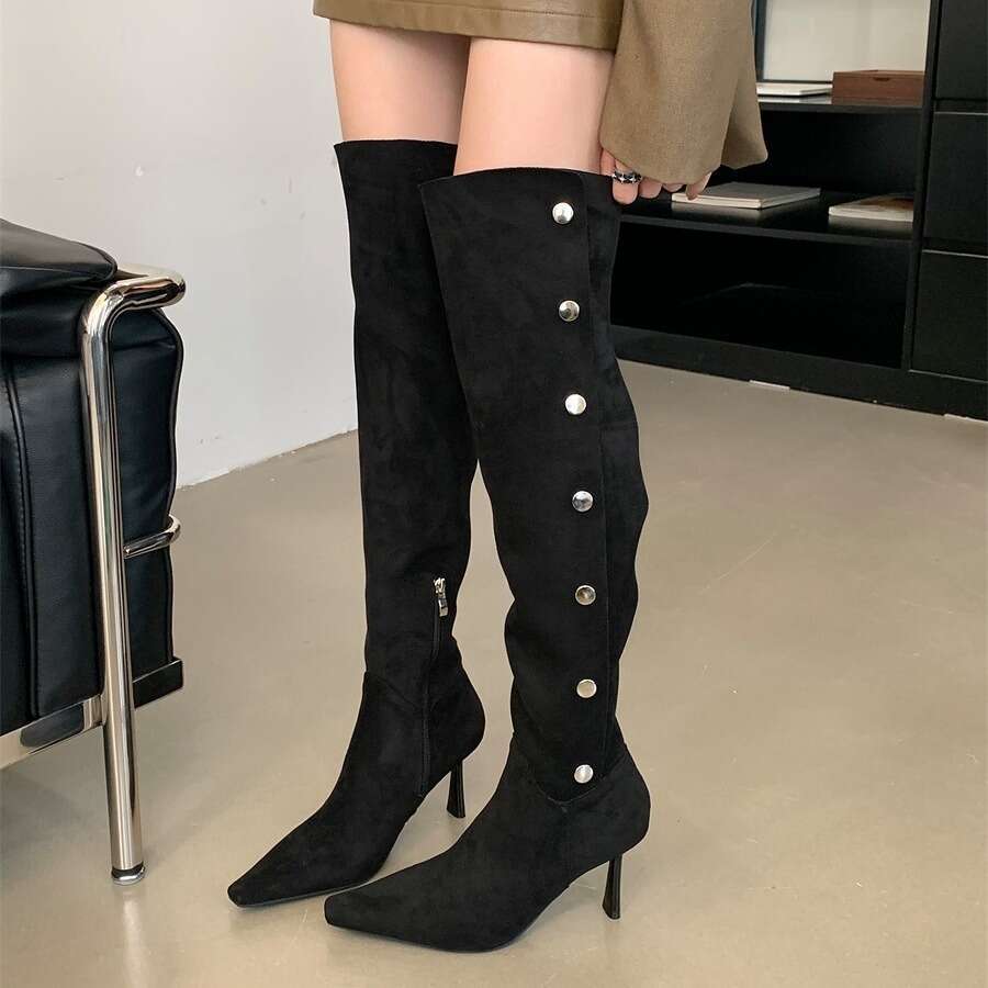 2025 French Style Women's Designer Shoe - Stacked Stiletto Heel Over-the-Knee Long Wrinkled Denim Riding Boots Casual & Chic