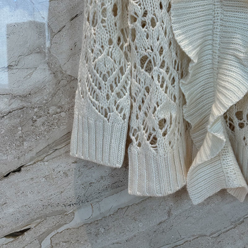 Luxury Women's Ruffle Neck Cashmere Blend Lace Knit Sweater Designer Beige Long Fit Turtle Neck Pullover Paris Fashion Detachable Collar Versatil