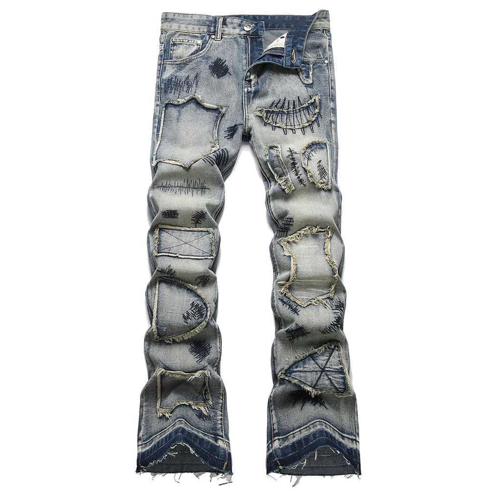 Mens Boot Cut Jeans Streetwear Patches Released Hem Pants Vintage Blue Embroidery Patchwork Flared Trousers Y251105