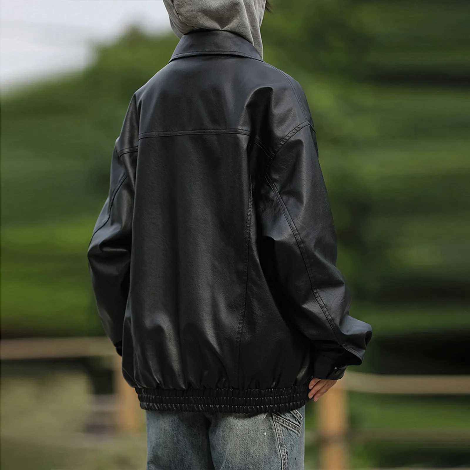 Oversize Black PU Leather Jackets Womens Dropped Shoulder Zip Up Button Down Motorcycle Coats Outwear Streetwear Bomber JacketsT251017