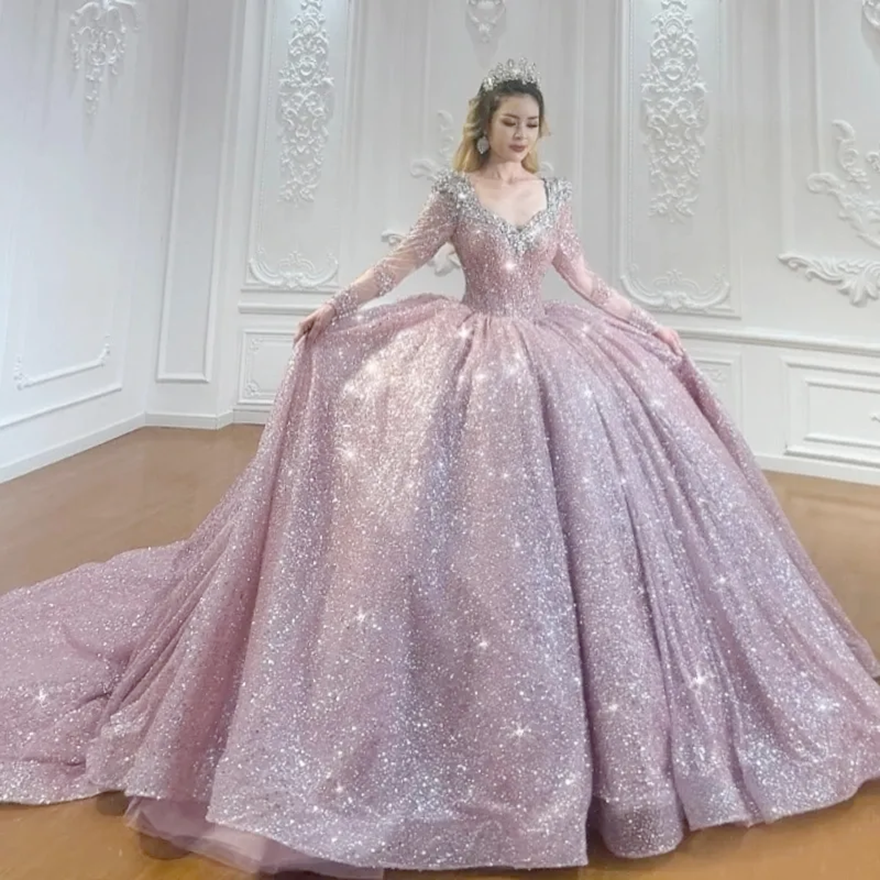 Pink Shiny Princess Quinceanera Dresses Sequined Beads Tull Long Sleeves Sweet 16 Dress Off Shoulder Ball Gown Vestidos 15 Anos
