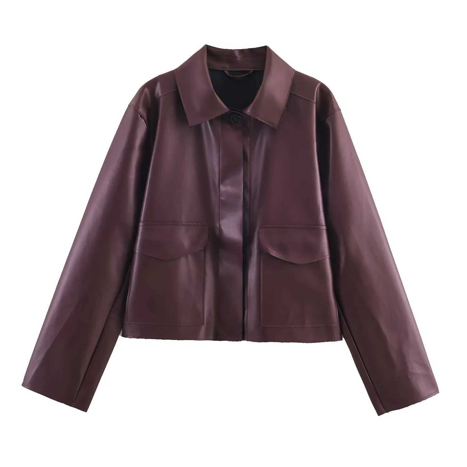 Front Flap Patch Pockets Short Faux Leather Jacket For Women Long Sleeve Lapel Collar Autumn Motorcycle CoatT251017