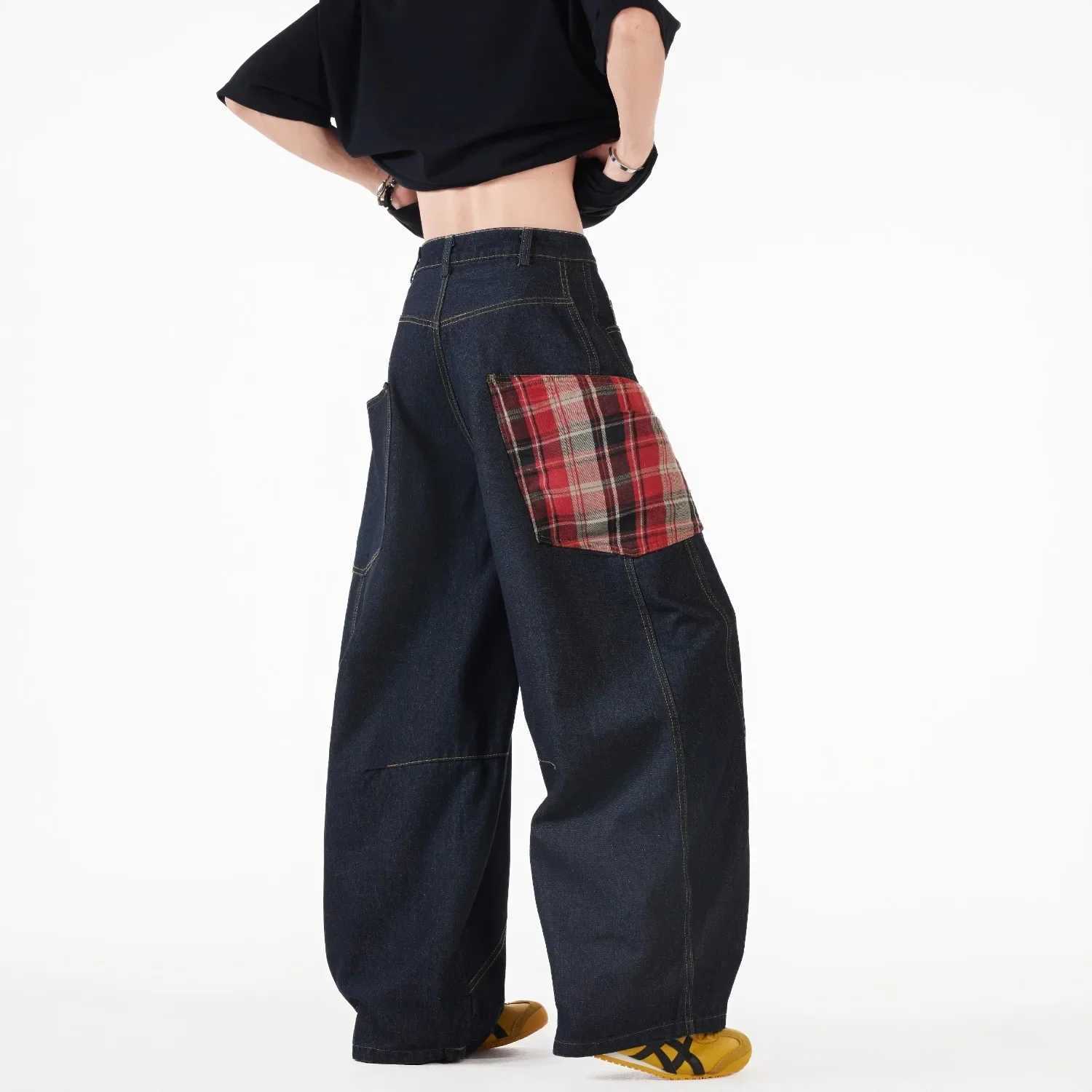 American Plaid Splicing Washed Cucumber Jeans Womens Summer New Wide Leg Loose Knife Edge FloorLength Pants J251016