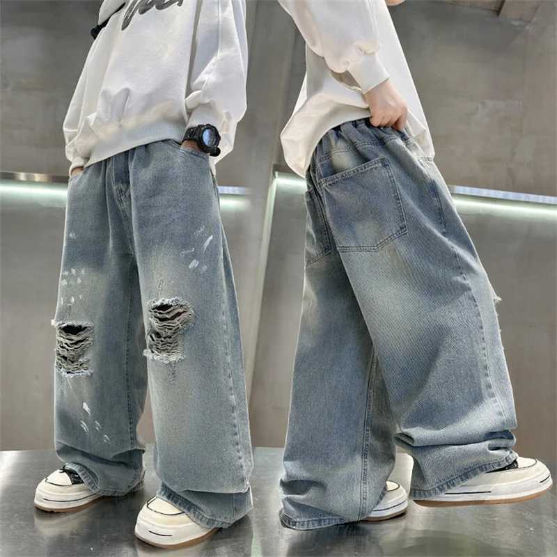 Cool Boys Street Style Ripped Baggy Jeans With Holes on the Knees Kids Child Fashion Broken Denim Pants with Drawings PrintT251017