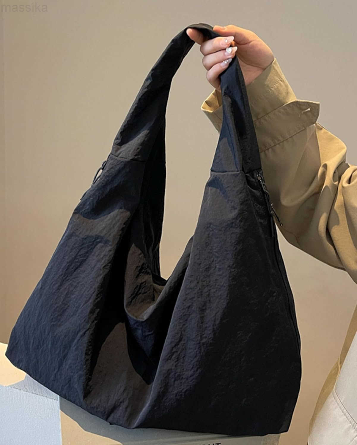 Tote Bag Slouchy Hobo Bag for Women Nylon Handbag Solid Color Draped Shoulder Bag Large Underarm Purse M251017