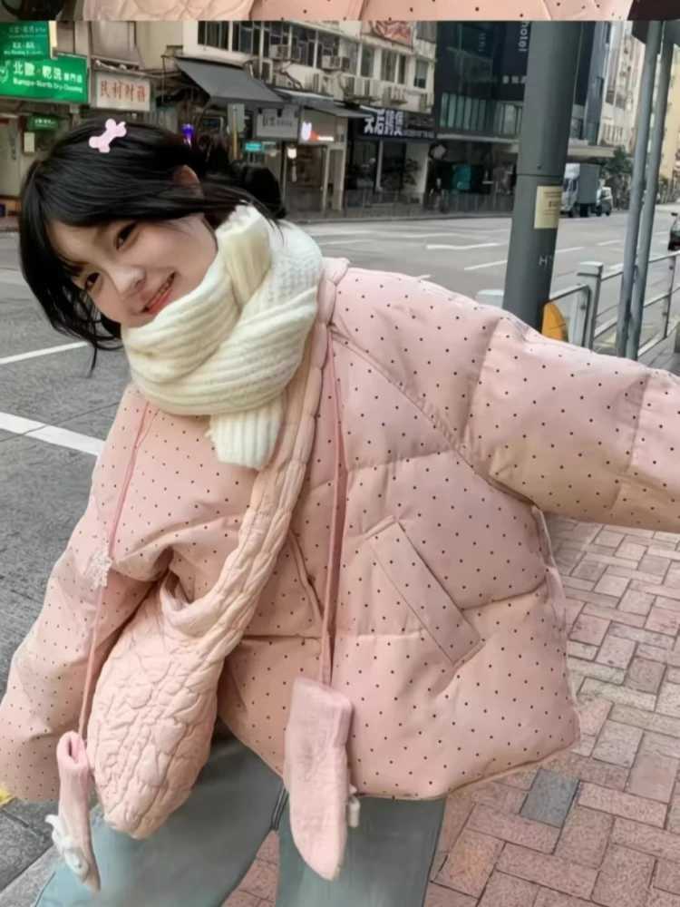 2025 new womens polka dot cotton jacket winter sweet and cute spicy girl trend loose oversized warm jacket top W251016