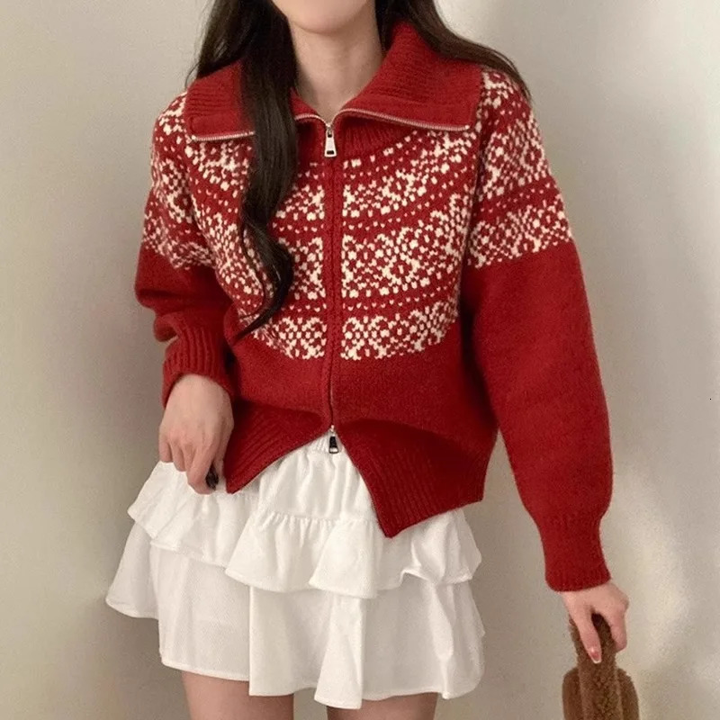 Korean Double Zipper Retro Christmas Jacquard Womens Knitted Cardigan Autumn Winter Fashion Turn Down Collar Casual Sweater 251013