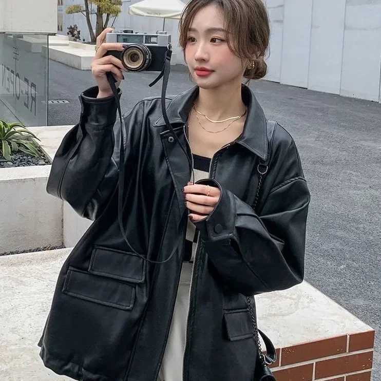 Spring Autumn Oversized Casual Waterproof Black Soft Pu Leather Jacket Women with Drop Shoulder Long Sleeve Fashion 2023T251017