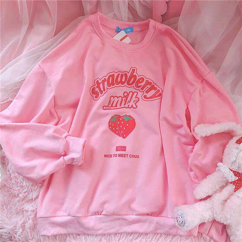 S-3Xl Haruku Kawaii Sweatshirt Strawberry Pink Sweatshirts Spring Kpop Korean Style Fleece Women Cute Top Outwear For Girls