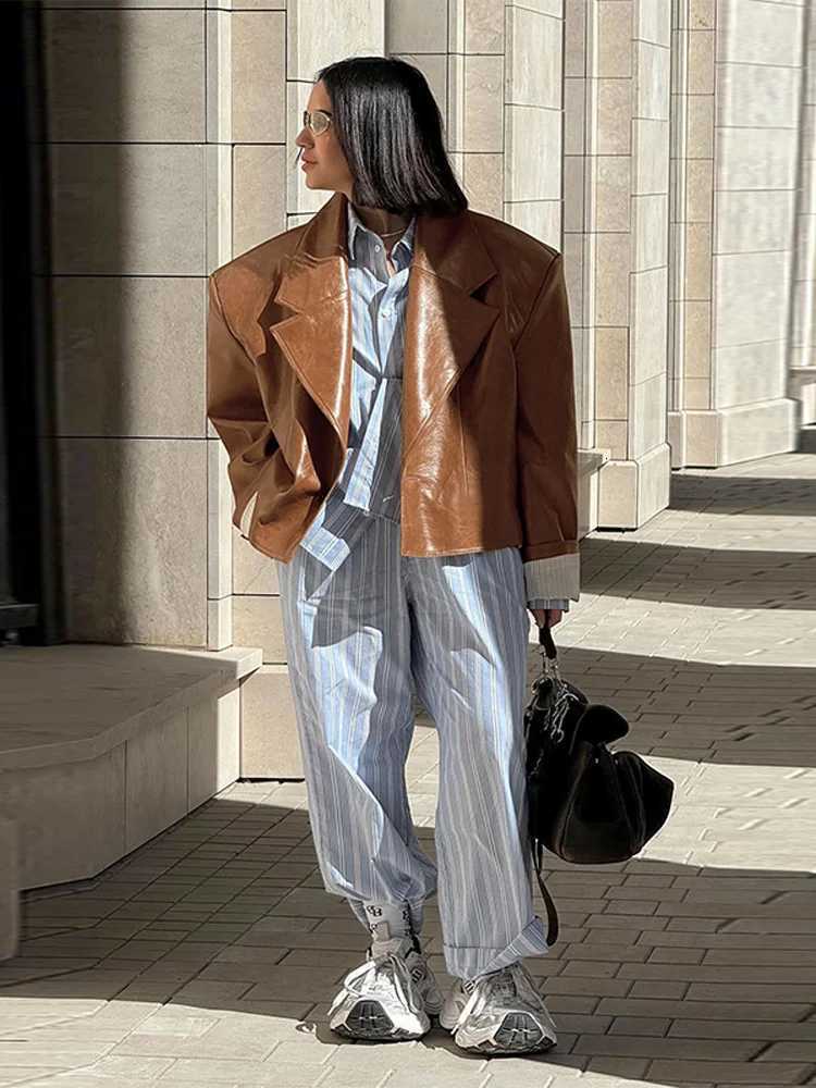 Casual PU Leather Jackets Women Fashion Solid Turndown Collar Full Sleeve Loose Open Stitch Coats Female 2025 Autumn Lady CoatT251017