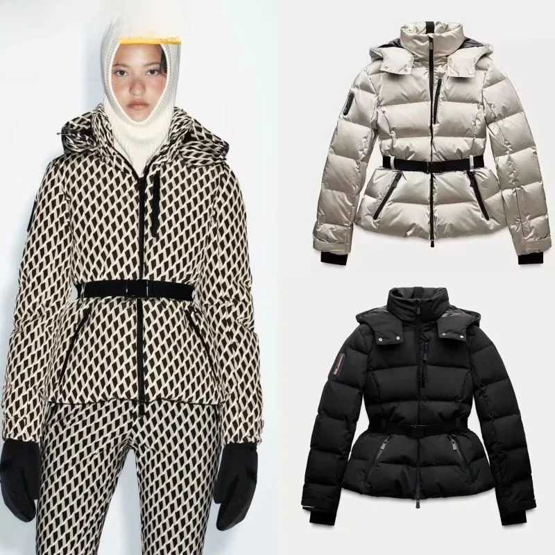 Warm Cotton Jaet Ski Suit with Belt Stand Collar Thien Winter Outerwear Womens Faion Commute Korean Sle Memory Fabric W251016