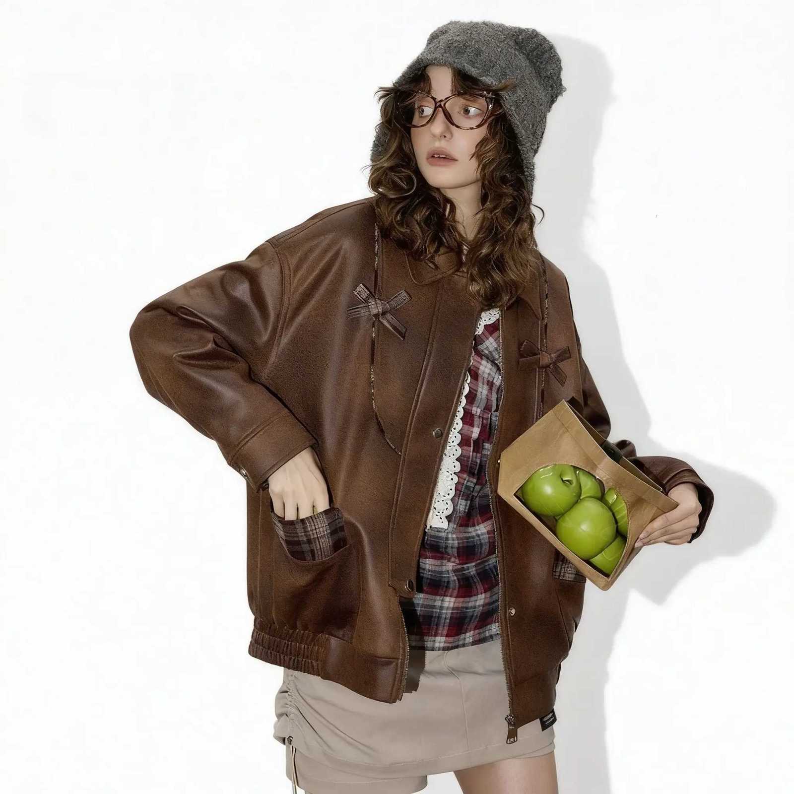 New Arrivals Womens Short Leather Jacket Vintage Y2K Style Loose Fit Plaid Patchwork Design Retro Oversized Autumn OuterwearT251017