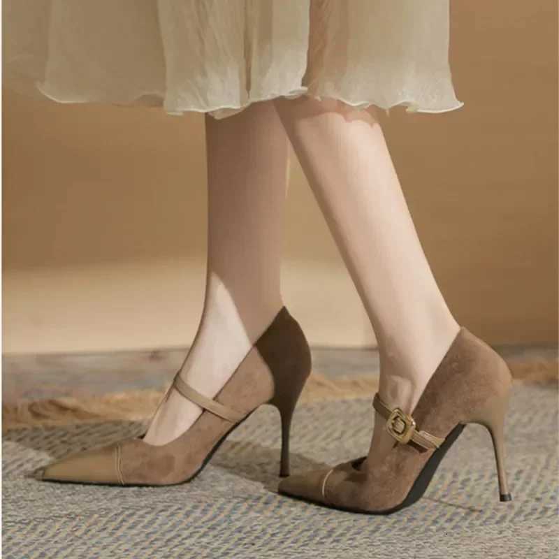 Sexy Pointed Toe Thin High Heels Women Leather Covered Toe Design Women Pumps Metal Belt Buckle Womens Elegant High Heel Shoes Z251015