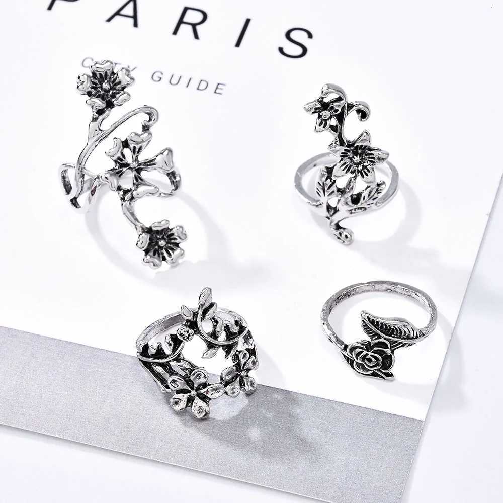 4PCSSet Forest Vine Leaf Flower Ring Vintage Punk Antique Carved Midi Finger Ring Women Bohemian Rings For Men Jewelry Gifts Z251017