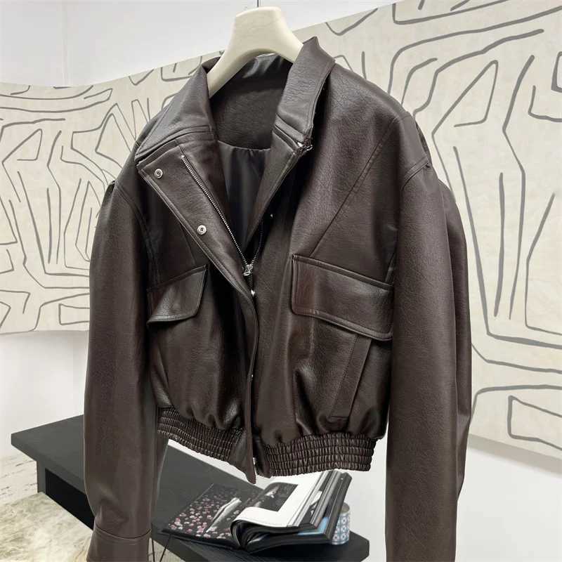 Sheepskin coat for women New asymmetrical zipper slim womens jacket for autumn 2025 Artificial leather womens coat outerwearsT251017