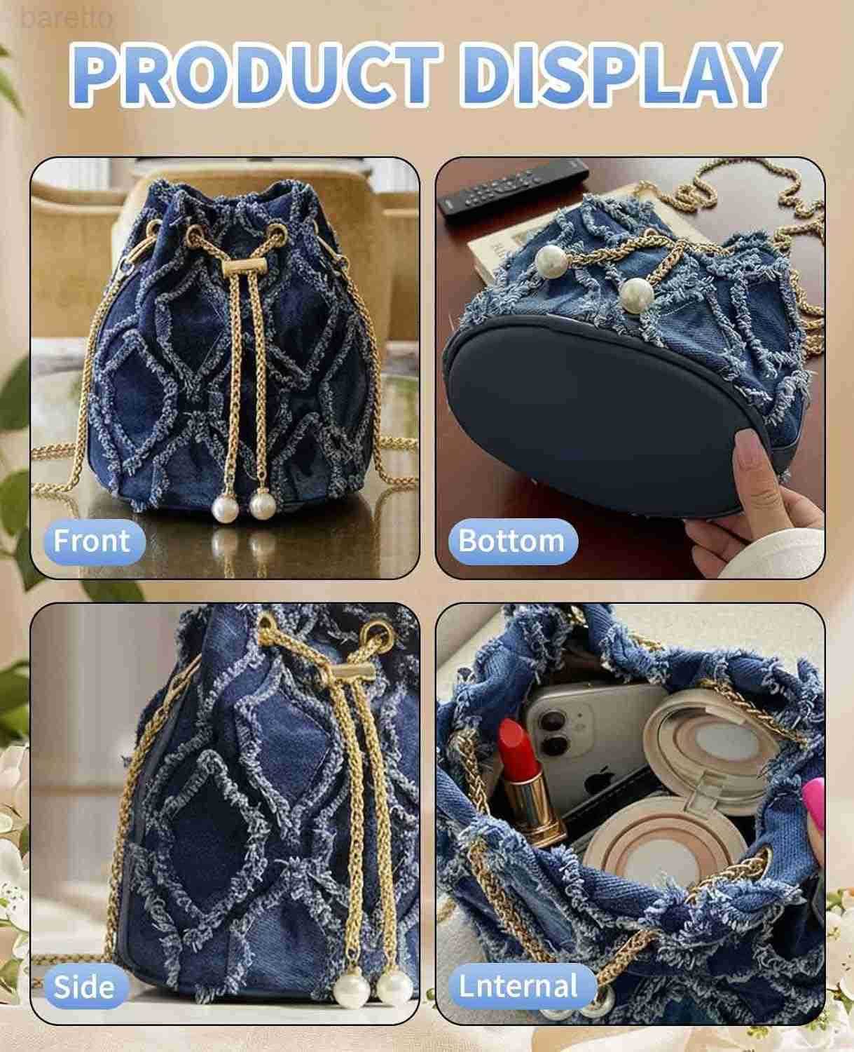 Jean Purses for Women Denim Quilted Drawstring Crossbody Bags Bucket Blue Z251017