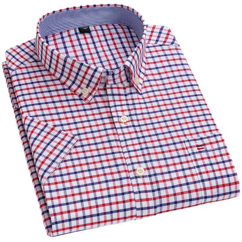Mens Oxford Short Sleeve Summer Casual Shirts Single Pocket Comfortable Standardfit Buttondown Plaid Striped Cotton Shirt J251017