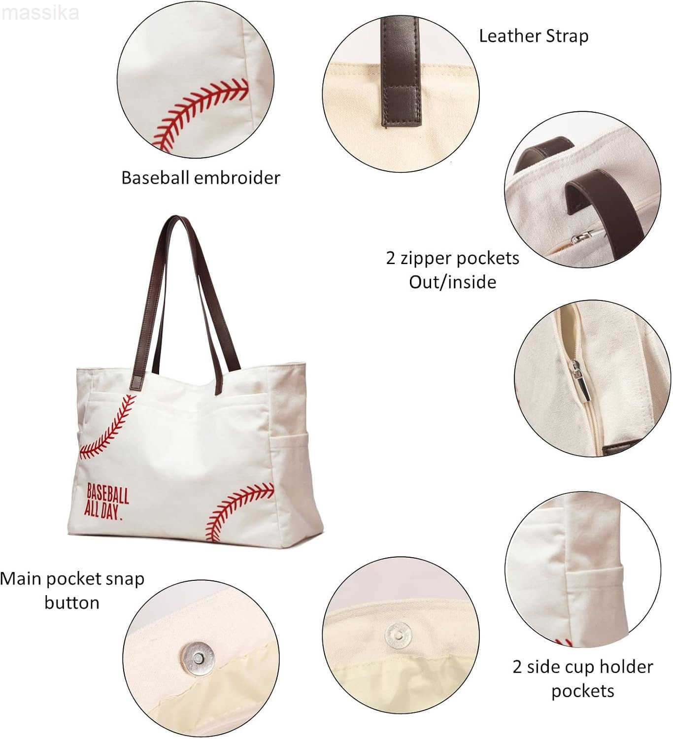 XL Baseball Mom Tote Bags For Women Canvas Utility Purse Handbag with Pockets M251017