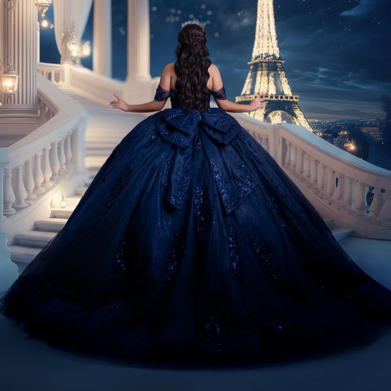 Navy Blue Shiny Quinceanera Dresses Off The Shoulder Sequin Applique Lace Beads Bow Tull Corset Party Birthday Sweet 16 Dres Vestidos 15 De Anos