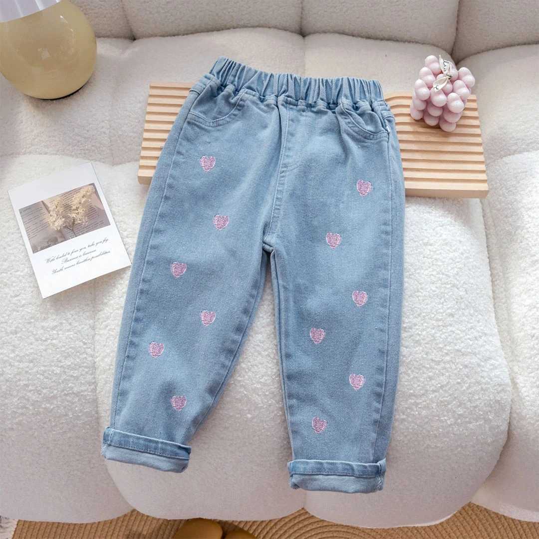 IENENS kpop clothes for girls kids slim straight jeans light blue embroidery denim pants for 16 yearsT251017
